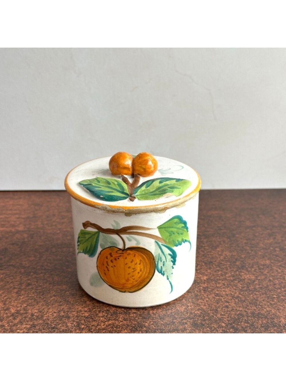 Vintage Italian Pottery Lidded Jar Hand Painted Apricot Branch Rustic Tuscan Sty